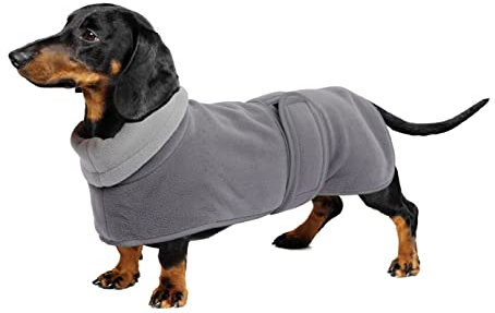 Geyecete-Polarfleece Winter hundemantel fur Dackel,Miniatur Dackel Pullover,Warmes Einstellbar Hundejacke Hundeweste mit Geschirr öffnung-Grau-M