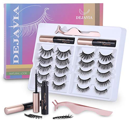Magnetic Eyelashes with Eyeliner Kit- 10 Pairs Premium 3D Natural Look Reusable Eyelashes with Tweezers Applicator, Strong Magnetic Eyeliner and Lashes Set by DEJAVIA, No Glue Needed