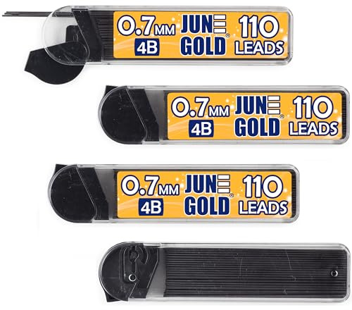 June Gold 440 Stück, 0,7 mm 4B Minen Nachfüller, 110 Stück pro Tube, mittlere Dicke, bruchfeste Mine/Graphit (4 Spender)