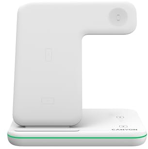 Canyon 3 in 1 Wireless Charger QC 21W Ladegerät Kompatibel mit iPhone, Apple Watch, Airpods, Samsung Schnellladestation Qi-Geräte, Touch-Control-Hintergrundbeleuchtung, induktive Ladestation Weiß