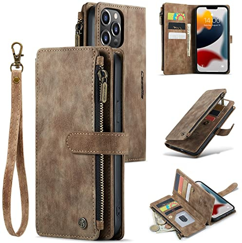 UEEBAI Handyhülle für iPhone 13 Pro Max 6.7 inch, Retro Reißverschluss Hülle Premium PU Leder Klapphülle Magnetverschluss Kartenfach Standfunktion Geldbörse mit Trageband Schutzhülle - Braun