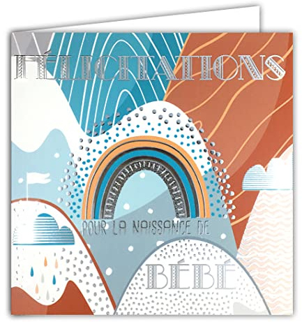 22103 Carte avec Enveloppe Carrée 15x15cm FÉLICITATIONS pour la NAISSANCE de BÉBÉ Garçon Fille Argenté Brillant texturé Arc-en-ciel Nuages Souhaits Bonheur Nordique Scandinave -Fabriqué en France