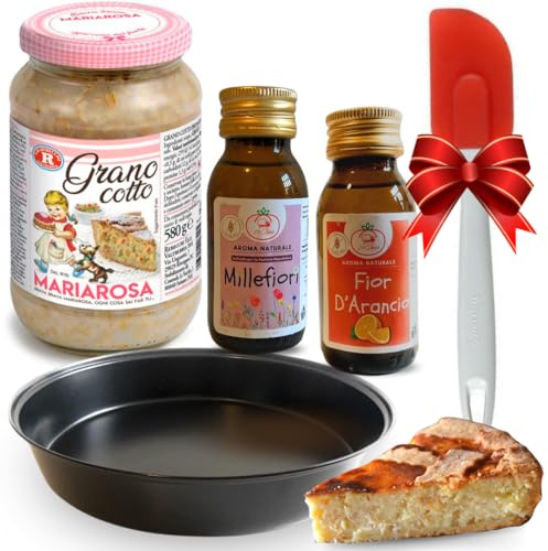 Blé Cuit pour Pastiera Napolitaine 580gr + Arôme Millefiori 60cc + Arôme Fleur d'Oranger 60cc + Pinceau Silicone + Plaque de Four Ronde - Noël 2024