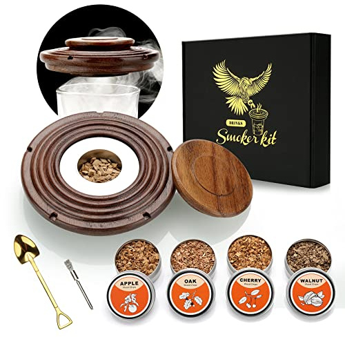 Kit per affumicatore per cocktail, set per fumatori con 4 trucioli di legno, regalo per la festa del papà, kit per bevande per fumatori whisky, accessori per cocktail, bevande, bourbon - Walnut