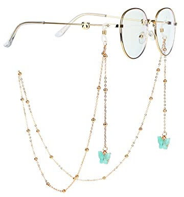 Brillenkette Mehrere Stile, Goldmetall-Brillenketten Mit Anhänger, Schmetterling, Kreuz, Blume, Lesebrille, Kabelhalter, Umhängeband, Seil, Blau