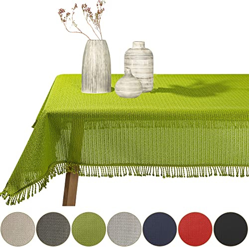 Gartentischdecke geschäumt eckig rund oval wetterfest rutschfeste Weichschaum Tischdecke abwaschbar Garten Balkon Outdoor Camping mit Fransen (Grün, 130x220cm (BxL))