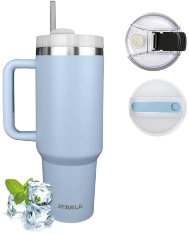 STARLA Thermobecher mit Strohhalm und Henkel 1,2l groß, 2 Deckel, auslaufsicher, Edelstahl Isolierbecher Kaffeebecher To Go Wasserbecher Getränkebecher Reisebecher Trinkbecher mit Griff (Hellblau)