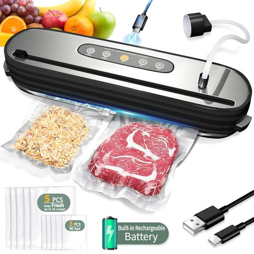 Macchina sottovuoto per alimenti, ricaricabile, portatile e ermetica, con 10 sacchetti sottovuoto integrati, per conservare alimenti in cucina, campeggio, pesca, picnic