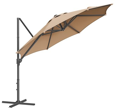 SONGMICS Ombrellone da Giardino 300 cm, UPF 50+, Girevole a 360°, Inclinazione Continua, Manovella per Apertura e Chiusura, con Base a Croce, Marrone Cammello GPU074K10