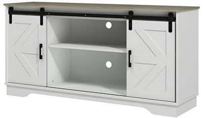 Panana Coffee Bar Storage Cabinet with Barn 2 Sliding Doors Buffet Farmhouse Cabinet Living Room TV Stand (White Cabinet Natural Top)