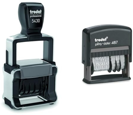 Trodat Professional Datumsstempel 5430/L & Printy 4817 Wortbanddrehstempel, Datum plus 12 Texte – Selbstfärbend, Abdruck schwarz, 47 x 4 mm