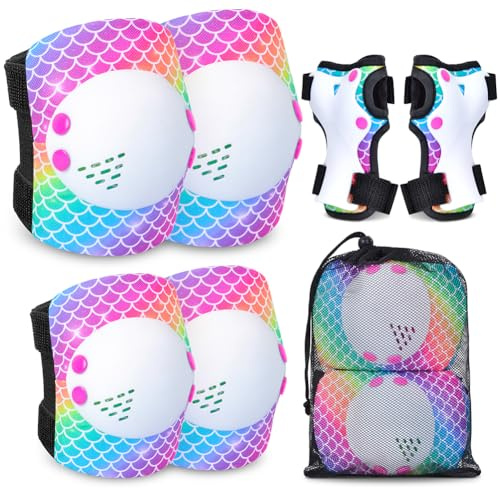Protezione Pattini Bambina, Set Protezione Pattini Bambina Ginocchiere Regolabili, Adatti per Protezioni Skateboard Bambino, Ginocchiere Bici Bambino (squama di pesce arcobaleno)