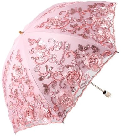 ihreesy Regenschirm Taschenschirm Sturmfest, Sonnenschirm Hochzeitsschirm Faltschirm 3D Blume Stickerei Spitzenschirm UV-Schutz doppelstöckig Brautschirm mit 8 Rippen für Hochzeit,Pfirsich