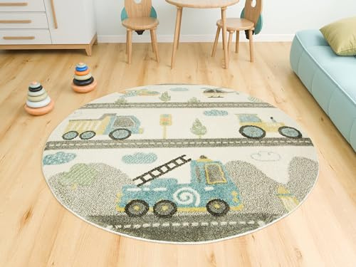 AKCILA Lima runden Bagger, Straße Kinder Teppich 120 cm, Kinderzimmer Kurzflor Teppiche, Kinderteppich Jungen, Kids Carpet, Spielteppich Kinder Babyzimmer Tepich, Wohnzimmer Teppich