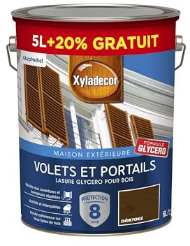 Xyladecor - Lasure Protectrice pour Bois Extérieur Glycéro - Volets, Portails, Portes, Fenêtres - Couleur : Satin Chêne Fonce - Quantité : 5L plus 20% gratuit