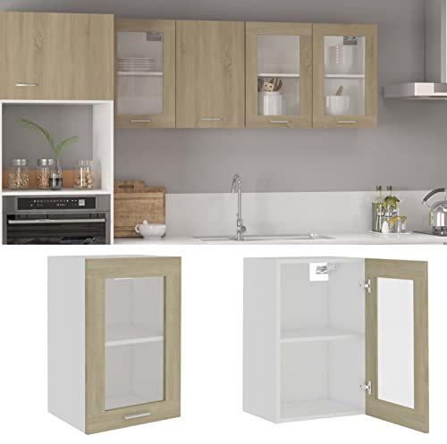 LAPOOH Hängeglasschrank Küche, Küchenschrank, Schrank Mit Glastüren, Küchenhängeschränke, Wandvitrine Hängend, Sonoma-Eiche 40x31x60 cm Spanplatte