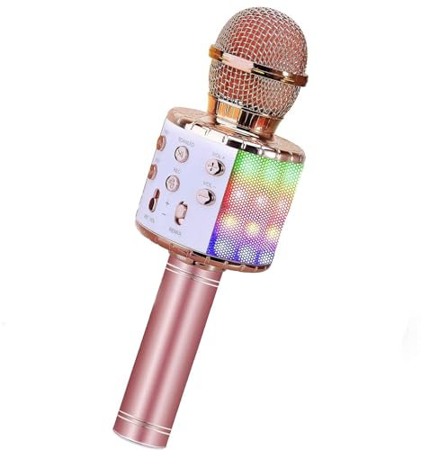 ShinePick Microphone de karaoké sans fil, microphone d'enregistrement et de chant pour enfants, 5 changeurs de voix différents, lumières LED dansantes, machine de karaoké portable Bluetooth jouet pour