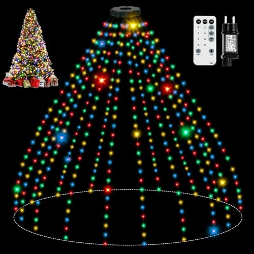 skelo Luci Albero di Natale 400 LED 2.5M 16 Fili 8 Modalità IP65 Telecontrollo Timer Mantello Luci Natale Albero Luci Albero di Natale a Cascata con Anello Luminarie Natalizie per Interno Esterno RGB