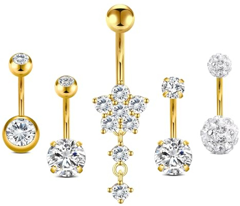 AceFun Piercing all'ombelico oro 14G, 5 pezzi, acciaio chirurgico 316L, anello piercing ombelico pendente Fleur Nette, gioielli per la pancia