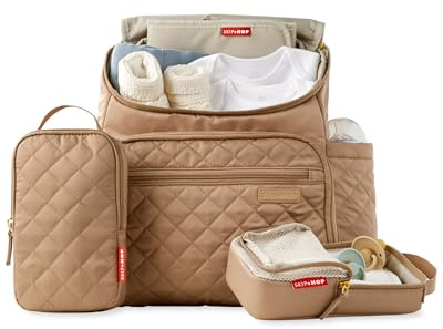 Skip Hop Forma Sac à dos à langer – Camel | Sac léger pour bébé avec matelas à langer, porte-biberons isothermes et sangles de poussette | Sac à dos de voyage multi-poches pour mamans et papas