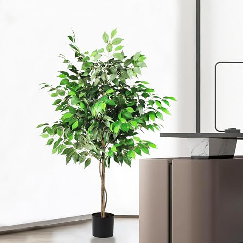 ECOOPTS Künstlicher Ficus-Baum, Seide, Kunstficus-Pflanze mit Kunststoff-Topf, für Garten, Innen- und Außenbereich, 1,5 m (1 Stück)