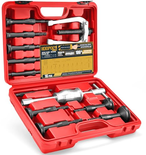 KOOPOOL Slide Hammer Pilot Insert for Effortless Inner Internal Bearing Removal Tool Set, 16-Piece Blind Hole Collet Bearing Race & Seal Puller Extractor Kit (Red)