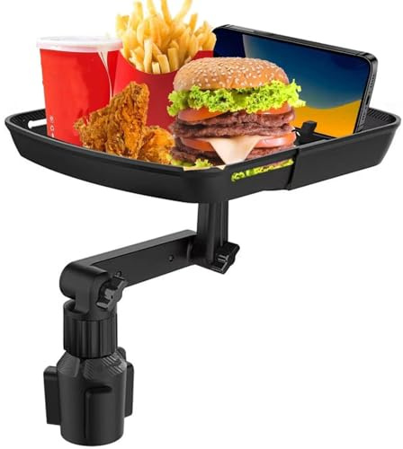 Unifizz Bandeja de comida para automóvil de 10 pulgadas para comer, bandeja de portavasos más grande desmontable 3 en 1 para coche, expansor y soporte giratorio de 360° para tazas de coche con soporte