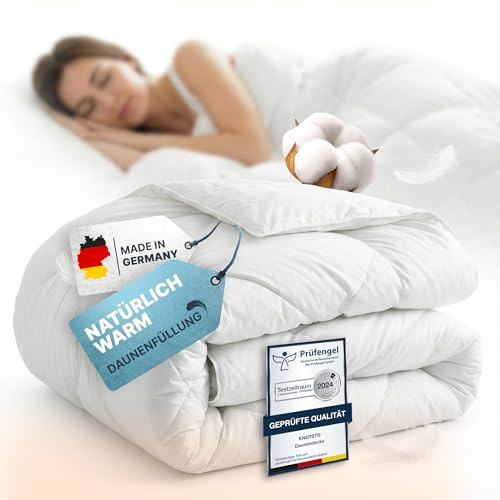 KNERST Ganzjahres Bettdecke 200×200, Federbettdecke Made in Germany | 90% Federn & 10% Daunen, 100% Baumwoll Bezug, Feder Bettdecke, atmungsaktiv, waschbar, Kassettendecke