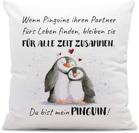 Pinguin Kissen - Für alle Zeit zusammen - Du bist mein Pinguin! - Liebeskissen mit Spruch Ich liebe Dich - Geschenk für Freundin, Freund zum Jahrestag, Geburtstag, Valentinstag für Männer & Frauen