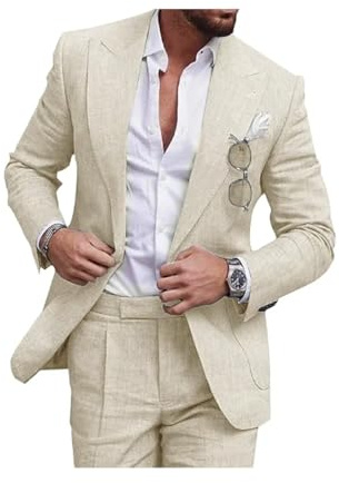 Conjunto de traje de lino para hombre, esmoquin casual, 2 piezas, blazer de ajuste regular, chaqueta y pantalones de lino con un botón, graduación, boda, cena, beige, 52