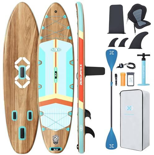ZLX Paddle Gonflable 350 x 89 cm Extra Large Sup | Planche Stable Antidérapante, Aileron Amélioré, Accessoires Premium, Sac & Pompe Haute Pression, pour Adultes Tous Niveaux avec Siège Gonflable