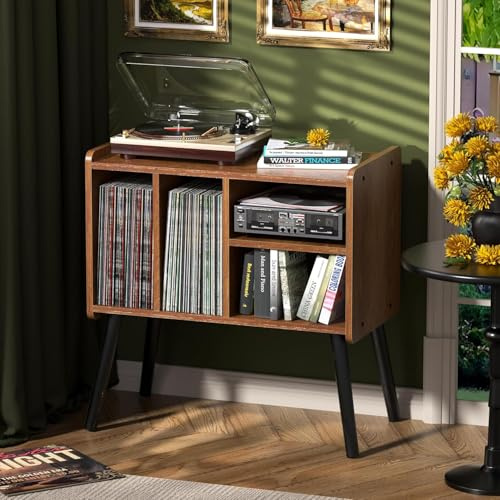 UODERS - Mesa para tocadiscos, soporte para tocadiscos de mediados de siglo con almacenamiento para vinilos con capacidad para más de 150 álbumes, gabinete para discos de vinilo con estantes