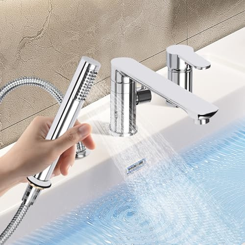 Badewannenarmatur mit Handbrause 3-Loch Wannenrandarmatur Kupfer Fliesenrandarmatur mit 360°Drehbar Auslauf Einzelgriff Wannenarmatur für Bad Hotels Hause (Silber)