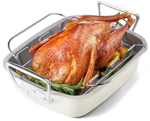HONGBAKE Ceramic Coated Nonstick Large Turkey Roasting Pan with Rack (U-Shaped), 18.7×13.6 Inch Deep Roaster Pan for 25 lb Turkey & Chicken, Wider Handles, Non Toxic, PFOA & PTFE-Free, Cream & Gray