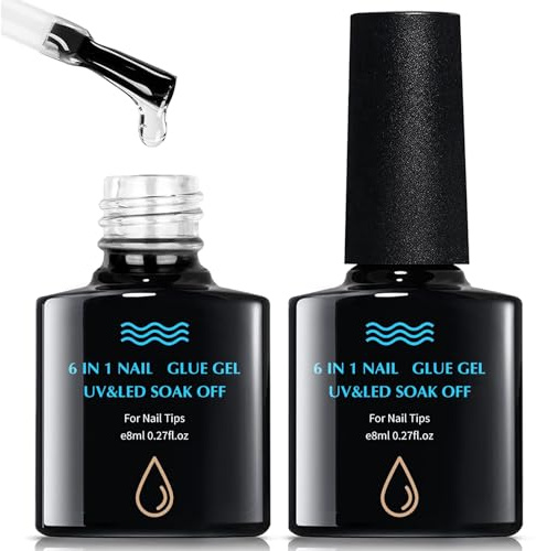 2x8ml Colla Multiuso per Unghie 6 in 1, Professionale CollaUnghie, Colla per Smalto per Unghie Finte, Asciugatura Rapida,Gel Trasparente per Nail Art per Uso Domestico e Creativo