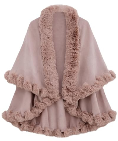 Genérico Poncho Capa de Pelo para Mujer, Estola Chal de Punto Invierno Cálido, Boleros Abrigo Cárdigan Abierto con Cuello de Piel Sintética para Fiesta Boda Invierno (Rosa)