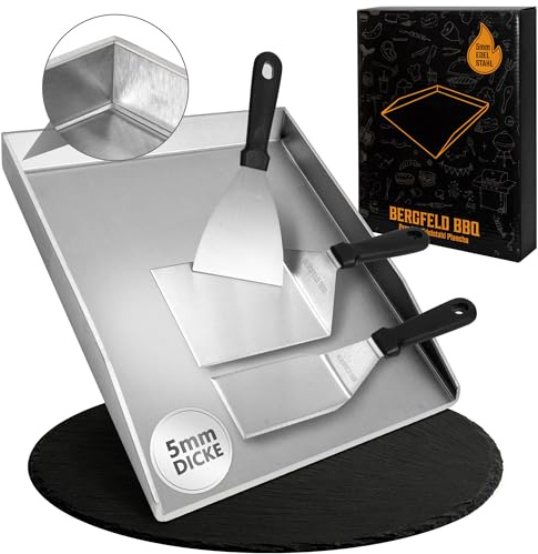 Bergfeld BBQ Grillplatte - Premium 5mm Plancha Set [30x40 cm] - massiver & rostfreier Edelstahl - 25% dicker als die meisten Planchas - inkl. 3er Grillspachtel-Set - auslaufsichere Ecken