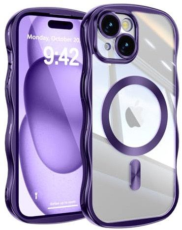 UEEBAI for iPhone 15 Case, Cute Wave Translucent Frame Magnetic Phone Case Compatible with Magsafe Full Camera Protection Cover Soft Electroplated Phone Cover for Women Girls - Purple