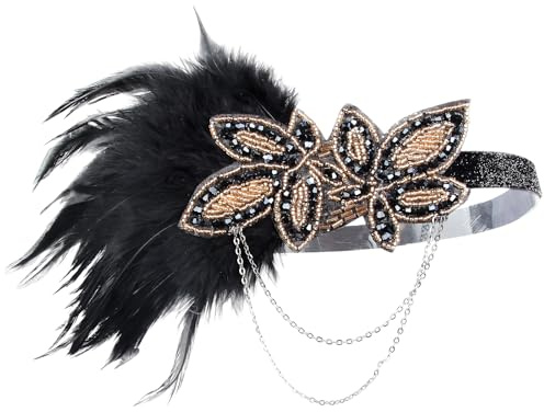 1920s Stirnband Feder Damen, Stil Flapper Art Deco Inspiriert von Great Gatsby Blatt Blinkende Kristalle Haarband, 20er Jahre Outfit Mädchen, Pfau Kostüm Damen, Kopfschmuck Pfau(Schwarz Gold)