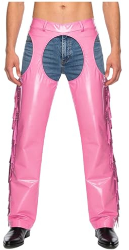 winying Assless Leather Chaps for Men Shiny Tassel Side Seams Western Cowboy Motorcycle Chaps Pink 3X-Large