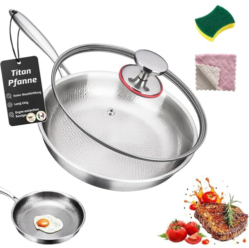 Generico 2026 Padella Titanio Puro non Rivestita,Premium Titanium Pro 20/24/26/28/30 cm, Padelle in Titanio, Ispessito Ultra-resistente/Resistente ai graffi/Non rivestito (Coperchio Incluso, 20CM)