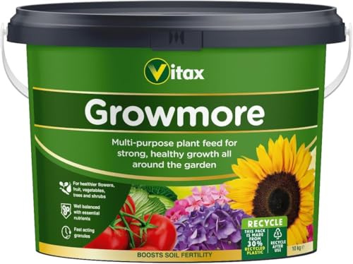 Vitax Growmore Granular Fertiliser for Allotments Vegetables and Flowers – NPK 7-7-7 Multi Purpose Plant Food for Pre-Turf and Grass Seed – Treats 70sq.m – 10kg Tub