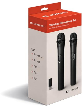 Lioncast® Wireless Mikrofon 2er Set für PS5 / PS4, PC, Nintendo Switch 1 & 2 - Microphone für Singstar, Lets Sing, Voice of Germany & Karaoke - Universal Mikrofon Switch - PlayStation & Switch Zubehör
