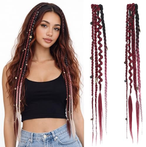 Elastisk dread ponytail, ombre dreadlock-förlängningar, 50 cm färgglada hårslingor strands, hippie single ended dreads reggae flätor locs, syntetiskt handgjorda tunna dreadlock-förlängningar (röd)