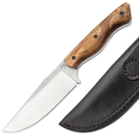 BÖKER PLUS® Overnighter - Bushcraft-Messer feststehend mit Holz-Griff - EDC Fulltang Jagdmesser mit 11,7 cm Clippoint Klinge - Outdoormesser mit Leder-Scheide - Pfadfinder Fahrtenmesser 42a konform