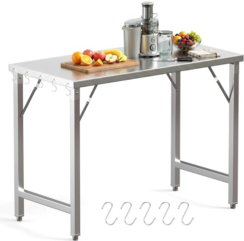 TLSUNNY Edelstahl Arbeitstisch Klappbar 120x60 cm, Edelstahltisch Outdoor | Edelstahl Klapptisch mit 5 Haken, Höhenverstellbare Füße, Tragkraft 250kg, Gastro Küchentisch Grilltisch, Tisch für Küche