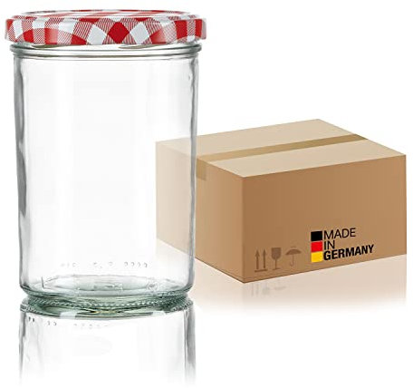 BigDean 36x Sturzgläser 435ml - Einmachgläser Einweckgläser Schraubgläser - Made in Germany - Marmeladengläser mit Schraub-Deckel TO 82 - Rot kariert