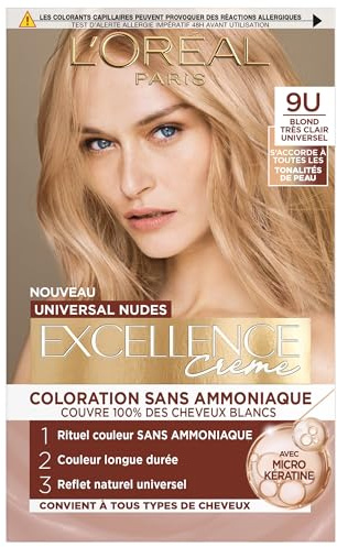 L'Oreal Paris - permanent hårfärg - lång livslängd - naturligt och lysande resultat - täcker 100% vitt hår - excellence universal nudes kräm - nyans: universell ljusblond (9U)