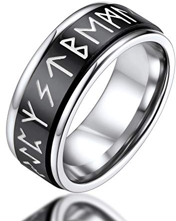 FaithHeart Anillo Giratorio Negro de Acero Inoxidable 316L para Hombre - Runas Vikingas Nórdicas, Banda Ancha, Talla 12 - Joyería Nórdica