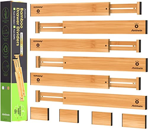 ANTOWIN 10 Pcs Schubladentrenner Verstellbar Bambus, Schubladen organizer, gefedert, Küche, Kommode, Badezimmer, Schlafzimmer, Babyschublade, Schreibtisch Ordnungssystem (43-56 cm)